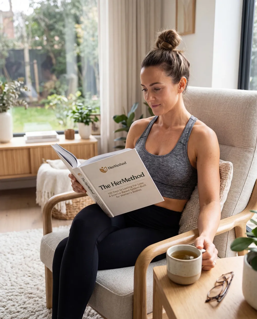 Woman reading HerMethod in armchair with tea